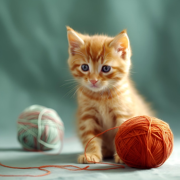 Un chaton rouge avec une boule de fils