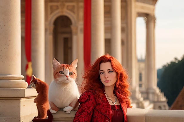 Un chaton rouge avec un chapeau de paille et des lunettes de soleil sur le fond d'un palmier ai généré