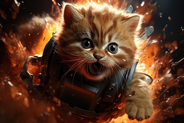 un chaton rouge dans une séquence d'action dynamique sur un plateau de cinéma généré par ai