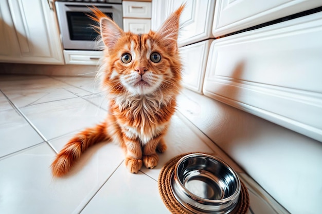 le chaton rouge est dans la cuisine à côté d'un bol et attend patiemment de la nourriture