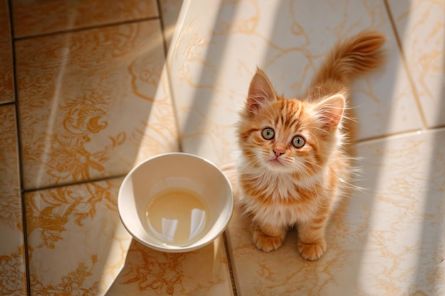 le chaton rouge est dans la cuisine à côté d'un bol et attend patiemment de la nourriture