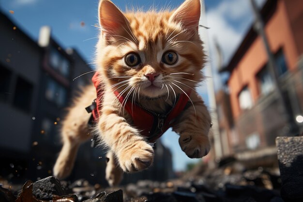 un chaton rouge heureux et feuilletant une session d'entraînement de parkour urbain générée par ai