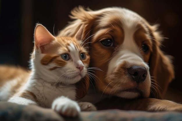 Un chaton roux et un chiot tricolore somnolent confortablement AI générative