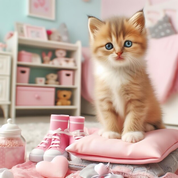 Photo un chaton s'assoit sur un tas de chaussures et regarde une chaussure pour bébé