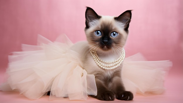Un chaton siamois portant un collier de perles