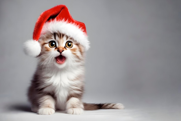 Un chaton surpris dans le chapeau du Père Noël avec la bouche ouverte.