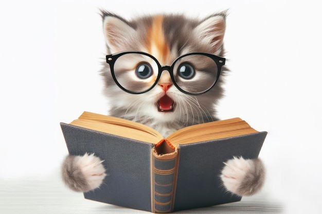 Un chaton surpris dans des lunettes tenant un livre ouvert sur un fond blanc