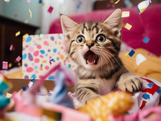 Un chaton surprise inattendu sort de sa boîte avec des confettis