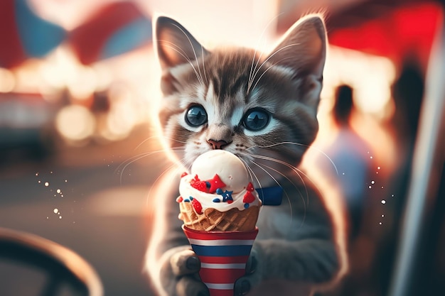 Un chaton tient un cornet de crème glacée Image AI générative