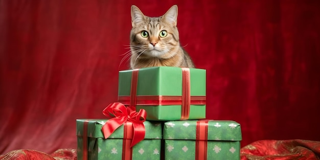 chaton tigré gris est assis sur un fond vert avec une boîte-cadeau verte avec un arc rouge surpriseAI généré