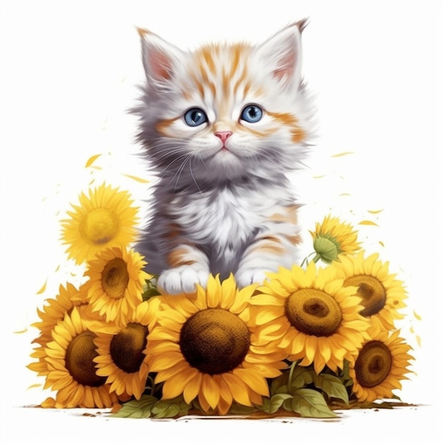 chaton et tournesols sur un fond blanc génératif ai