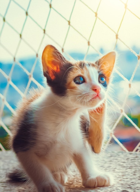 Chaton tricolore sur fond d'appartement balcon avec de beaux yeux bleus chat chiot sur fond d'appartement balcon fleuri