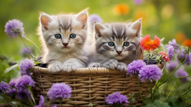 Chatons adorables dans un panier fond d'herbe