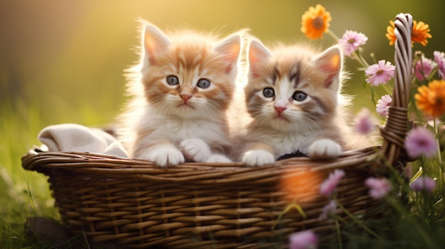 Chatons adorables dans un panier fond d'herbe