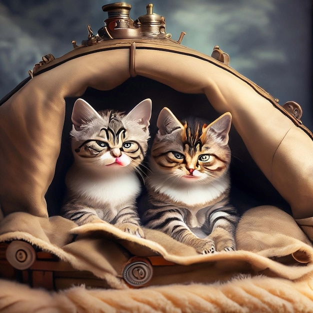 chatons adorables steampunk 3d blottis ensemble dans un fort de couverture confortable