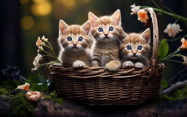 Des chatons mignons dans un panier en osier.