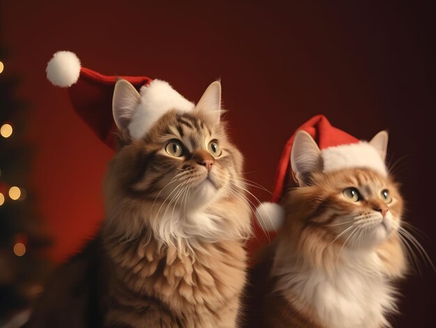 Des chatons mignons portant un chapeau de Père Noël sur fond rouge avec un effet de lumière bokeh créé avec la technologie d'IA générative