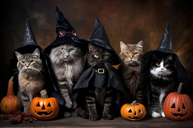 Photo des chats capricieux et amusants en chapeaux de sorcière se rassemblent pour une célébration d'halloween