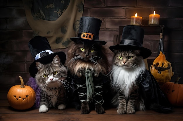 Photo des chats capricieux et amusants en chapeaux de sorcière se rassemblent pour une célébration d'halloween