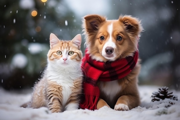 Chats et chiens de Noël en pulls et chapeaux sous la neige Lumières et atmosphère de Noël IA générative