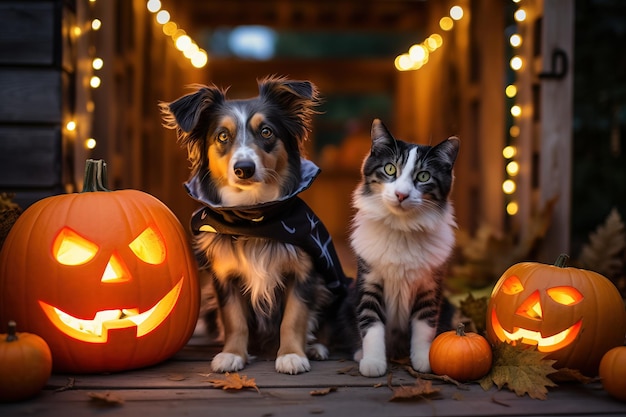 Des chats et des chiens portant des costumes d'Halloween assis sur un porche décoré