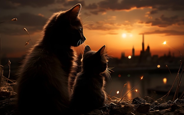 chats Couple au clair de lune