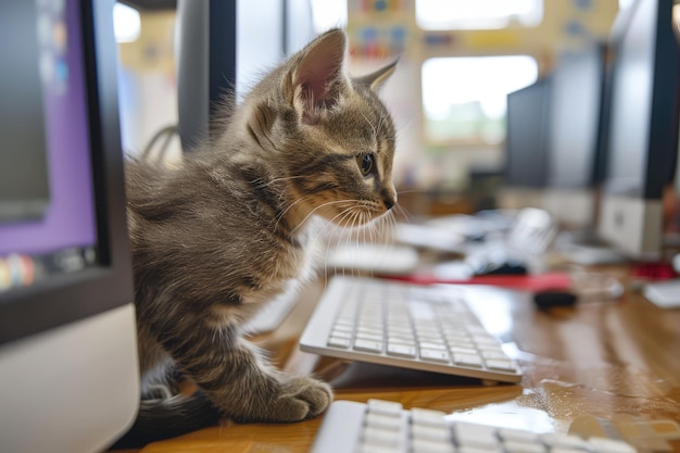 Les chats dans la classe d'informatique de l'école primaire Le chat intelligent travaille sur la programmation informatique