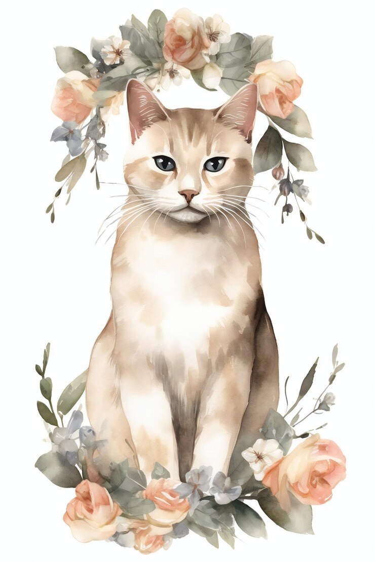 chats avec des fleurs à l'aquarelle clipart