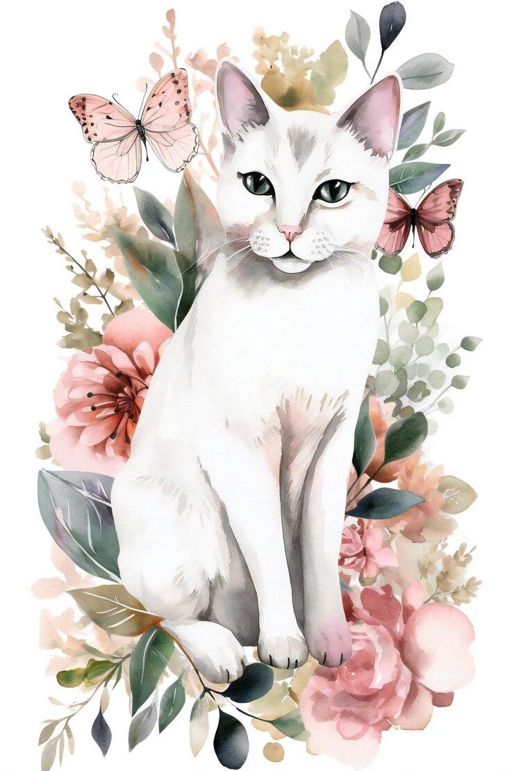 chats avec des fleurs à l'aquarelle clipart