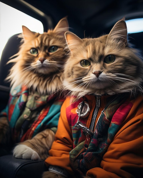 Photo des chats habillés dans une voiture.