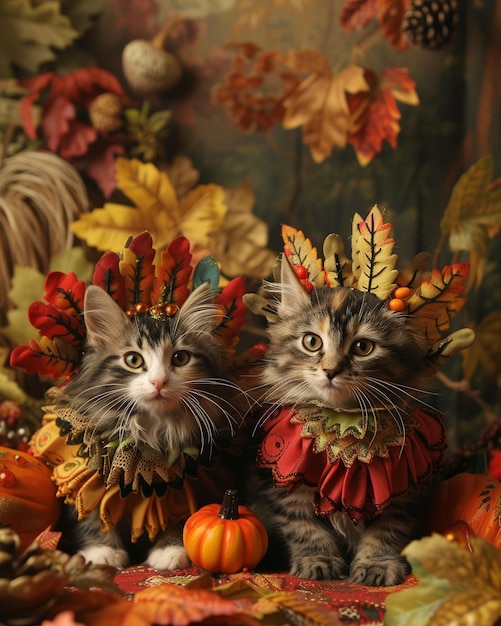 Les chats d'humour de Thanksgiving dans les costumes de la dinde