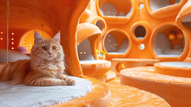 Des chats à IA générative, une zone de jeu interactive avec des jouets, des animaux de compagnie, un concept d'hôtel.