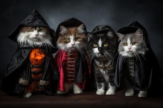 Les chats magiques d'Halloween dans les chapeaux de sorcière le groupe de costumes d'animaux de compagnie enchanteurs