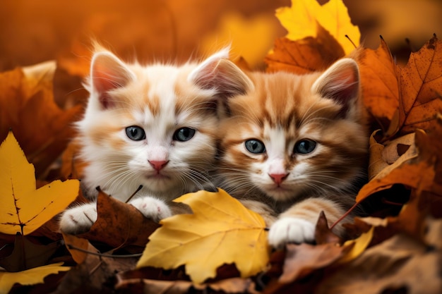 Chats mignons dans les feuilles d'automne