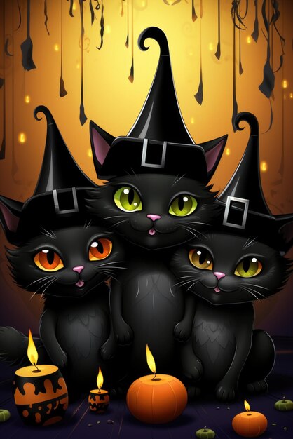 Photo les chats noirs mignons portent des chapeaux de sorcière sur un fond d'halloween heureux