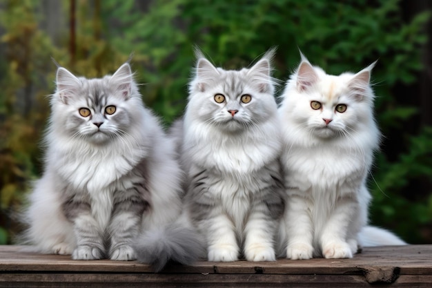 Chats de race sibérienne aux cheveux longs et adorables chatons dans un jardin