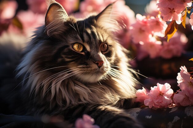 Les chats se reposent sous cerisier en fleur générative IA