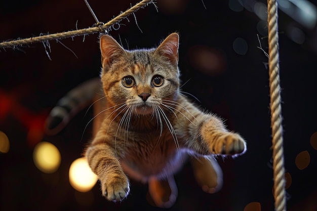 Des chats spectaculaires, des trapèzes volants, des chats audacieux, un acte aérien où des acrobates volent dans les airs, s'attrapant les uns les autres avec précision et grâce sous le grand toit.