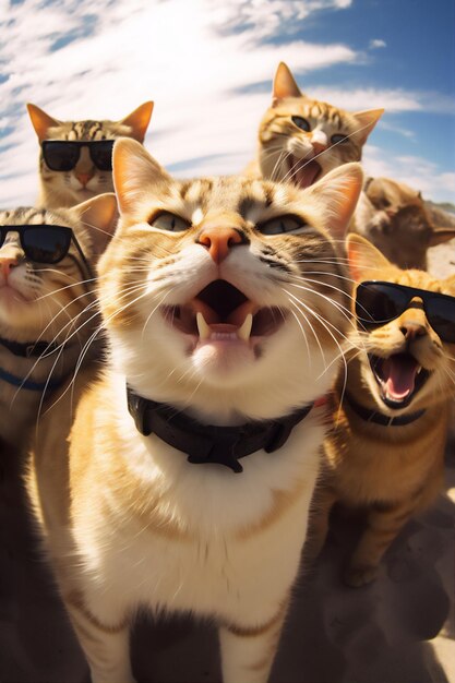 chats wefie avec sourire et visage heureux mignon moelleux hyper réaliste belle lumière rêveuse