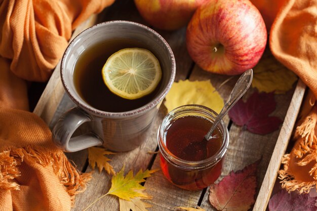 Chaud citron miel thé réchauffement boisson écharpe confortable feuilles d'automne