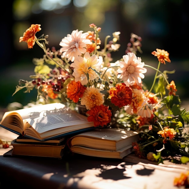 Photo un chaud éventail d'automne de fleurs et de livres baignés dans la douce lumière du soleil