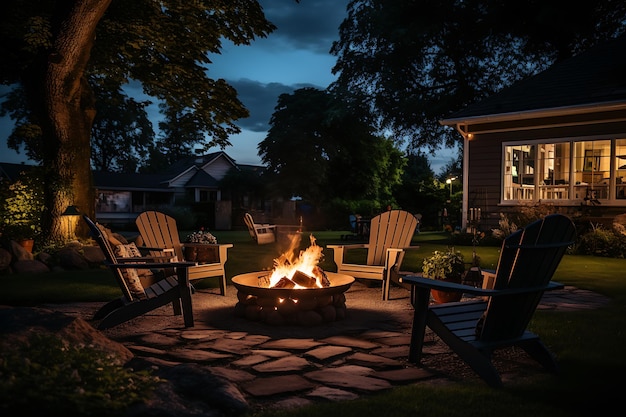Une chaude soirée d'été dans la cour arrière d'une maison avec un feu.