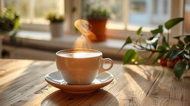 Une chaude tasse de café à la vapeur s'élève à la fenêtre avec la lumière du soleil du matin