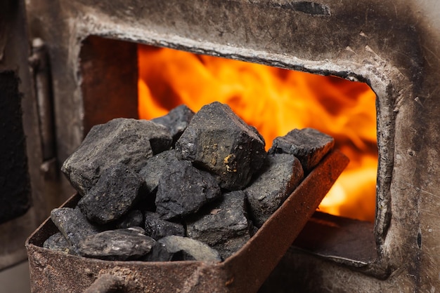 Chaudière à combustible solide avec porte ouverte et feu à l'intérieur de la pelle avec du charbon à proximité Autres moyens de chauffer la maison pendant la froide saison d'hiver