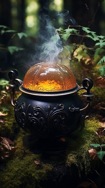 Photo un chaudron de sorcière avec de la potion verte et de la fumée.