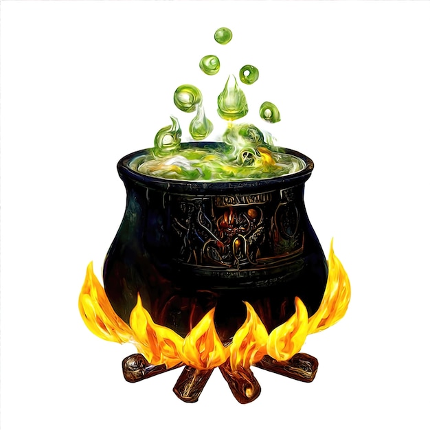 Le chaudron de sorcière prépare une potion magique Le chaudron de fonte fait bouillir la potion Illustration