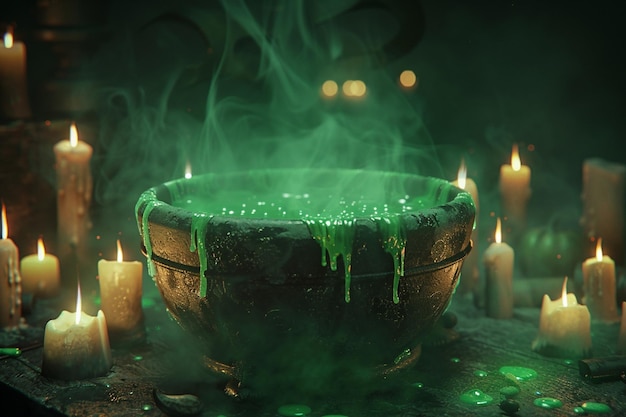 Un chaudron de sorcières effrayantes bouillonnant de potion verte
