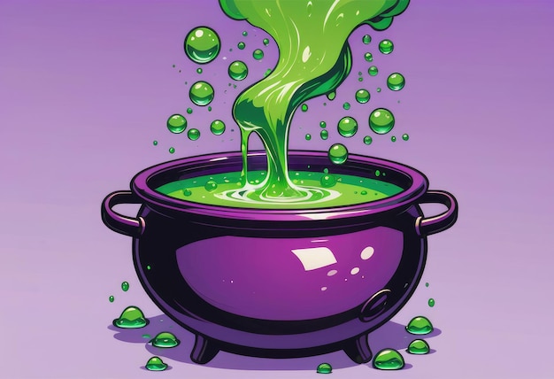 Un chaudron violet bouillonnant avec une potion verte