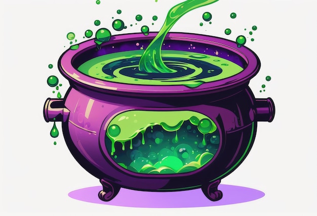 Un chaudron violet bouillonnant avec une potion verte