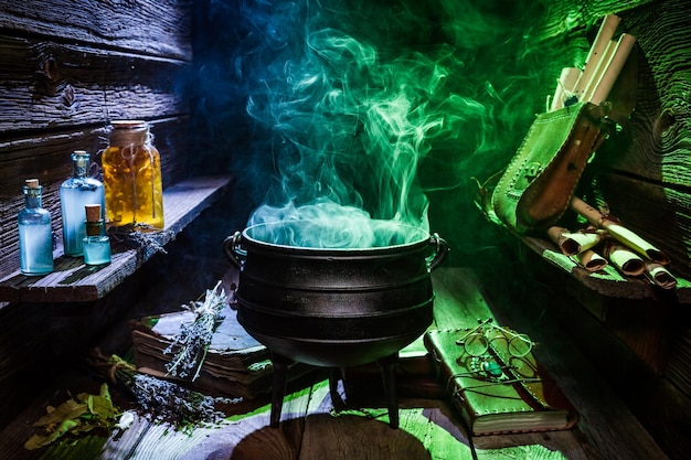 Photo chaudron witcher avec fumée de couleur pour halloween